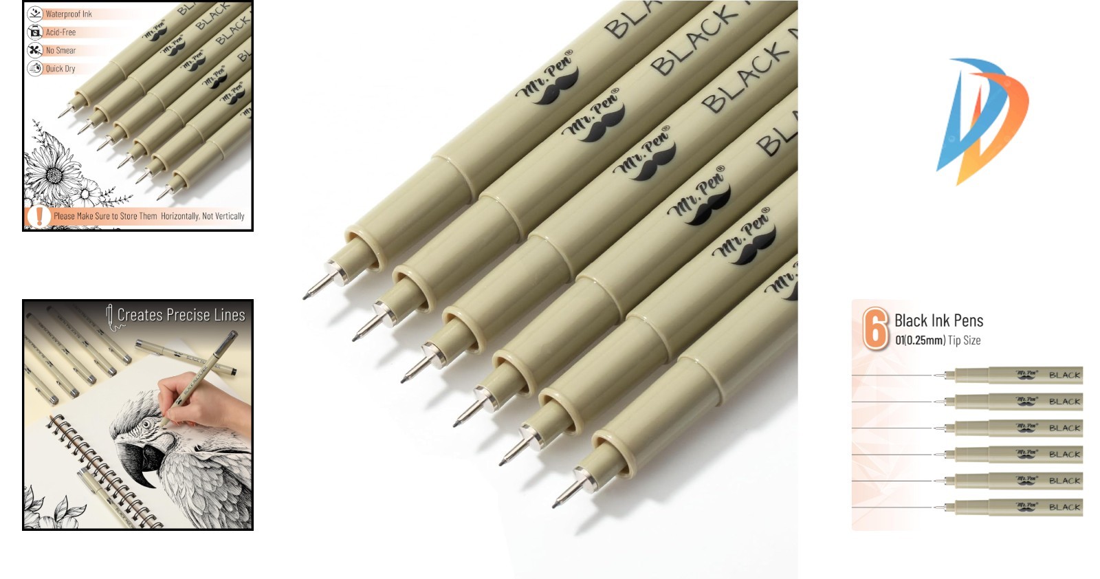 0.25mm Micro Pens – 6 Pack of Quick-Dry Black Ink Fineliners for Professionals