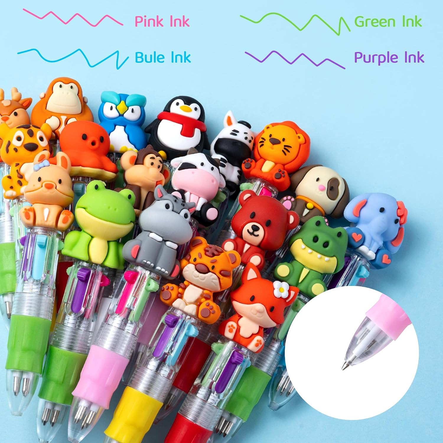 24PCS Animal 4-In-1 Multicolor Pens, Cute Pens for Kids Party Gifts | Mini Ballp
