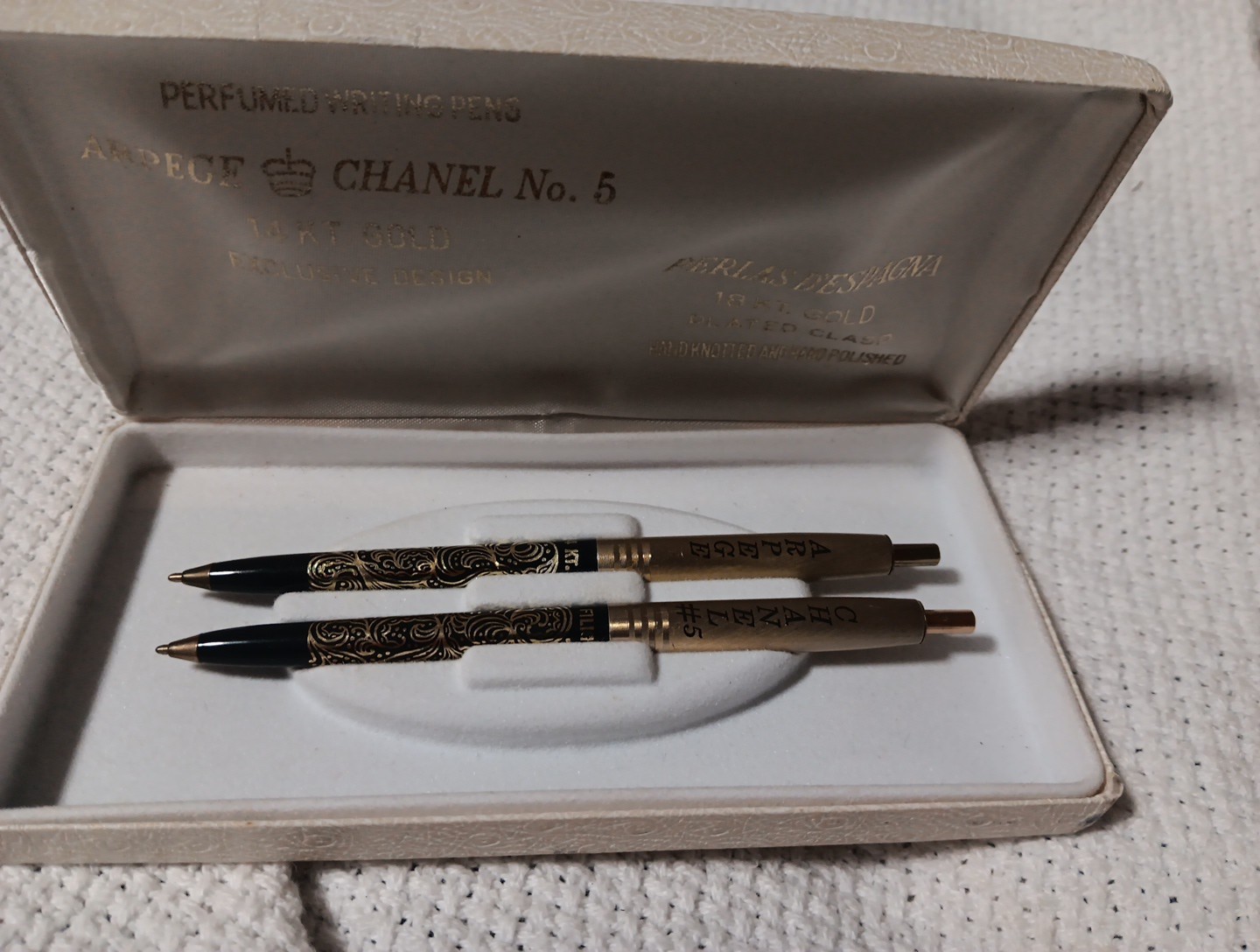 Vintage Chanel No.5 Arpege 14K Gold Filigree Perfumed Ballpoint Pen Set in Box
