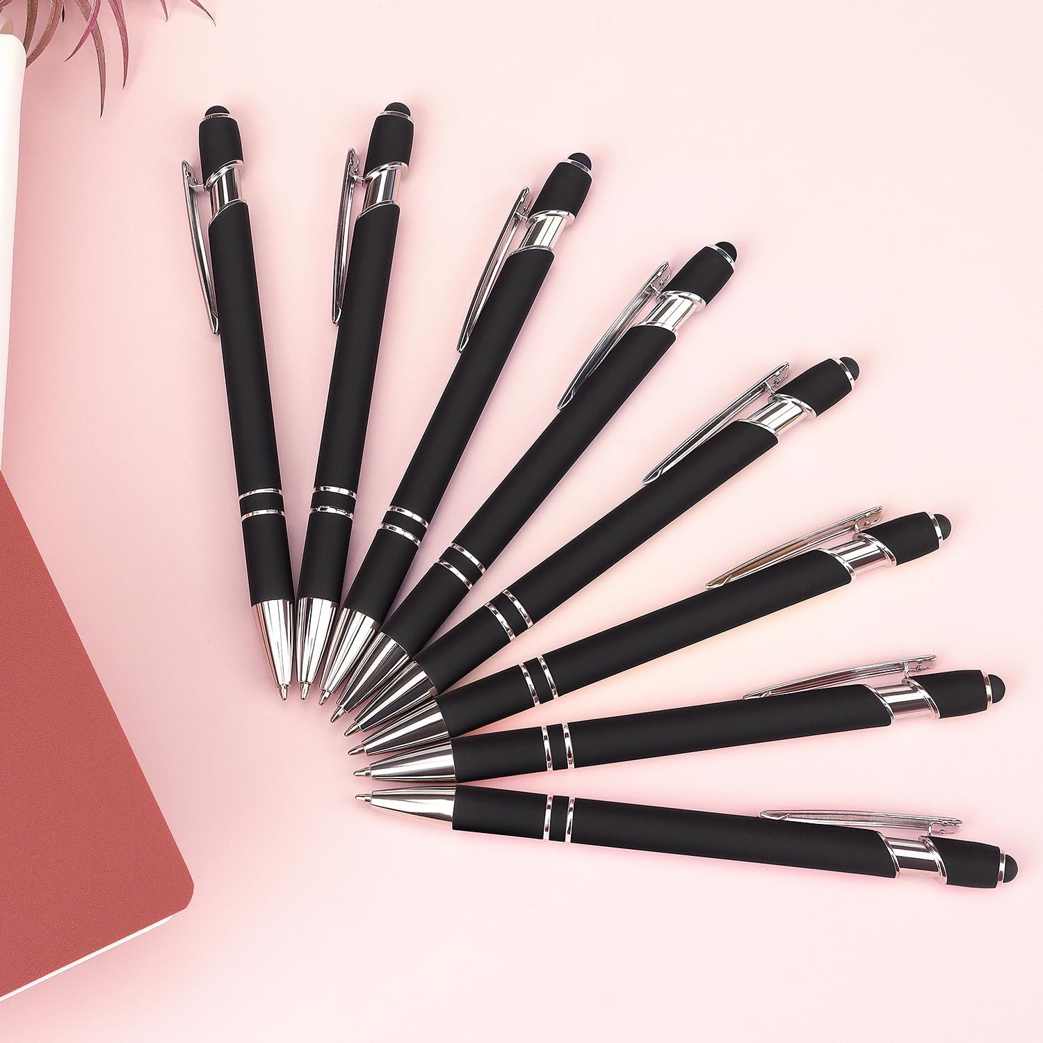 8pc Black Ballpoint Pen 2n1 Stylus-Retractable Metal Pen w/ Stylus Tip for Scree
