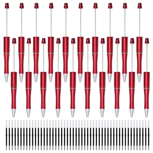 jiebor 20Pcs Red Beadable Pens Plastic Bead Ballpoint Pens Bulk with 50Pcs