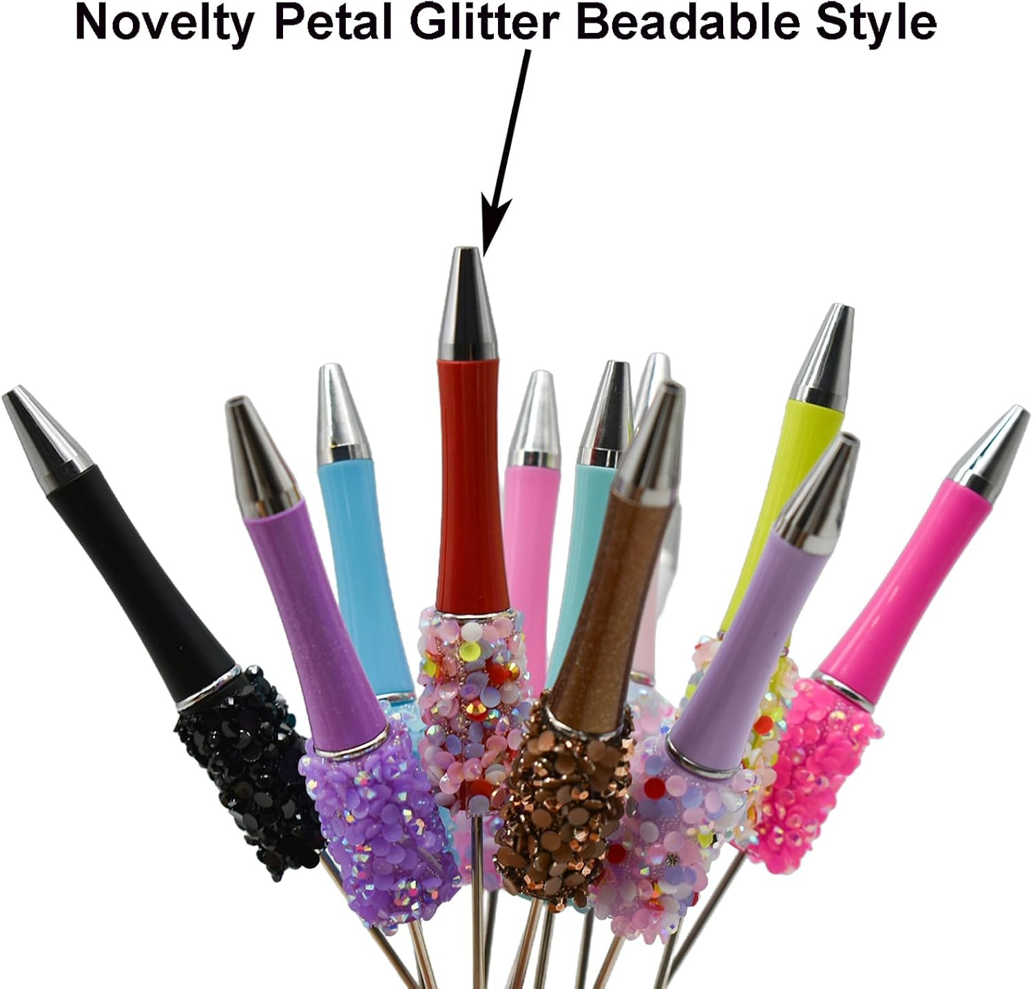 12 PCS Petal Glitter Beadable Ballpoint Pens Retractable Diamond Bead Pen Plasti