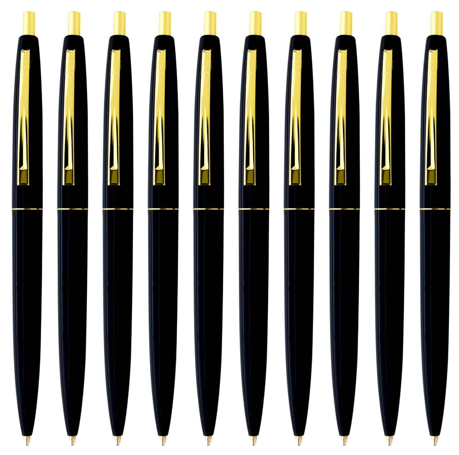 Profile of classic BIC® Clic® Pen. Black body/Polished gold-plated trim. 10 pens