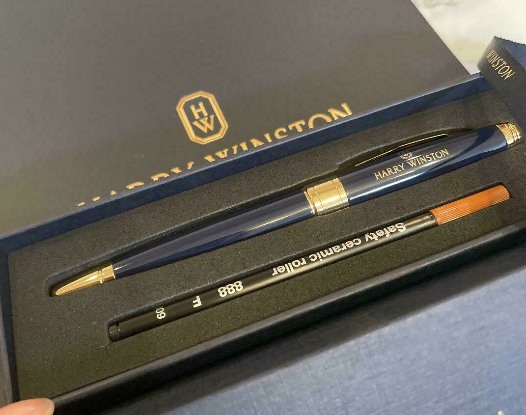 HARRY WINSTON Original Novelty Navy/Gold Twisted Ballpoint Pen w/Box Super Rare