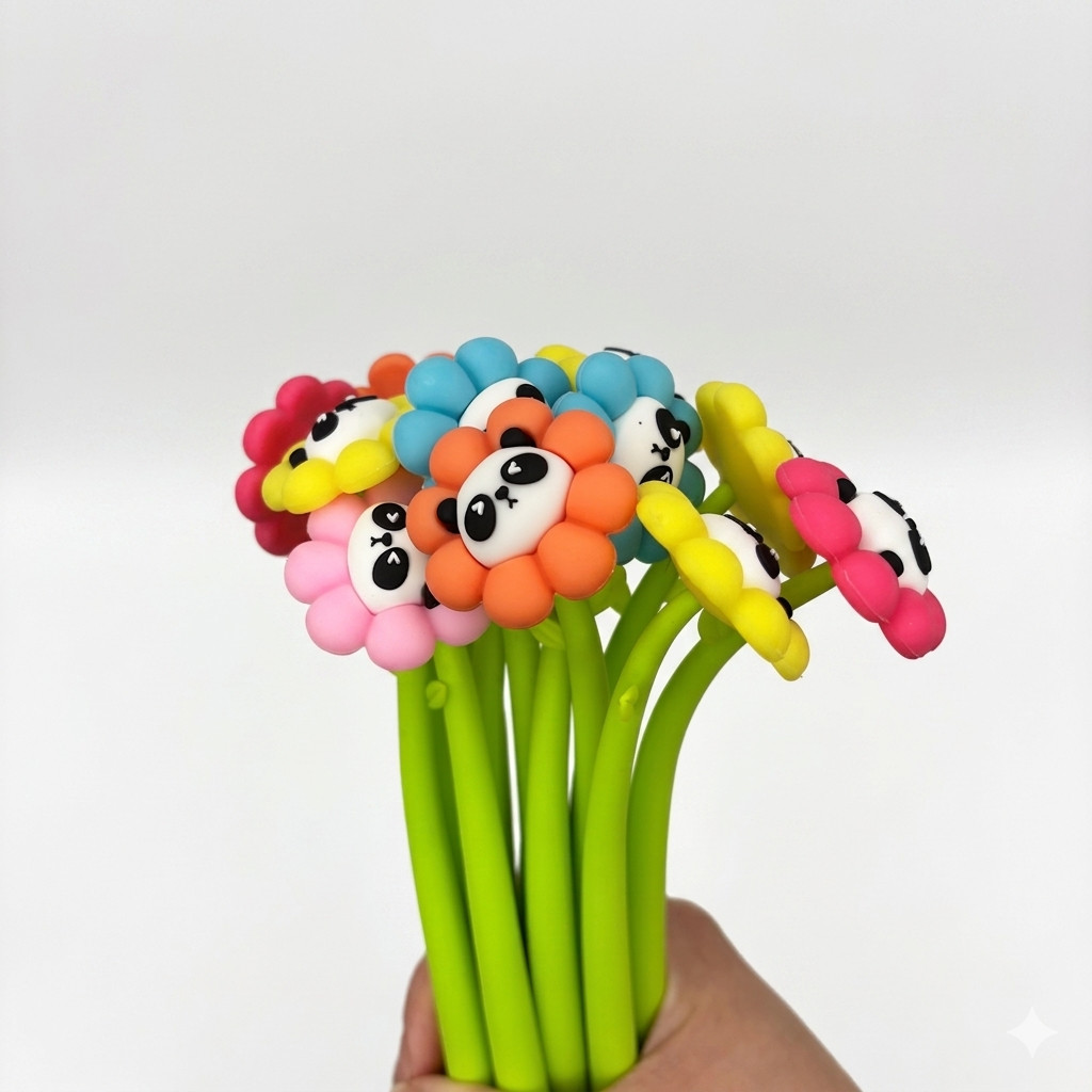 Cute Panda & Floral Silicone Gel Ink Pens Multicolor Wobble Pens Set of 12GIFT