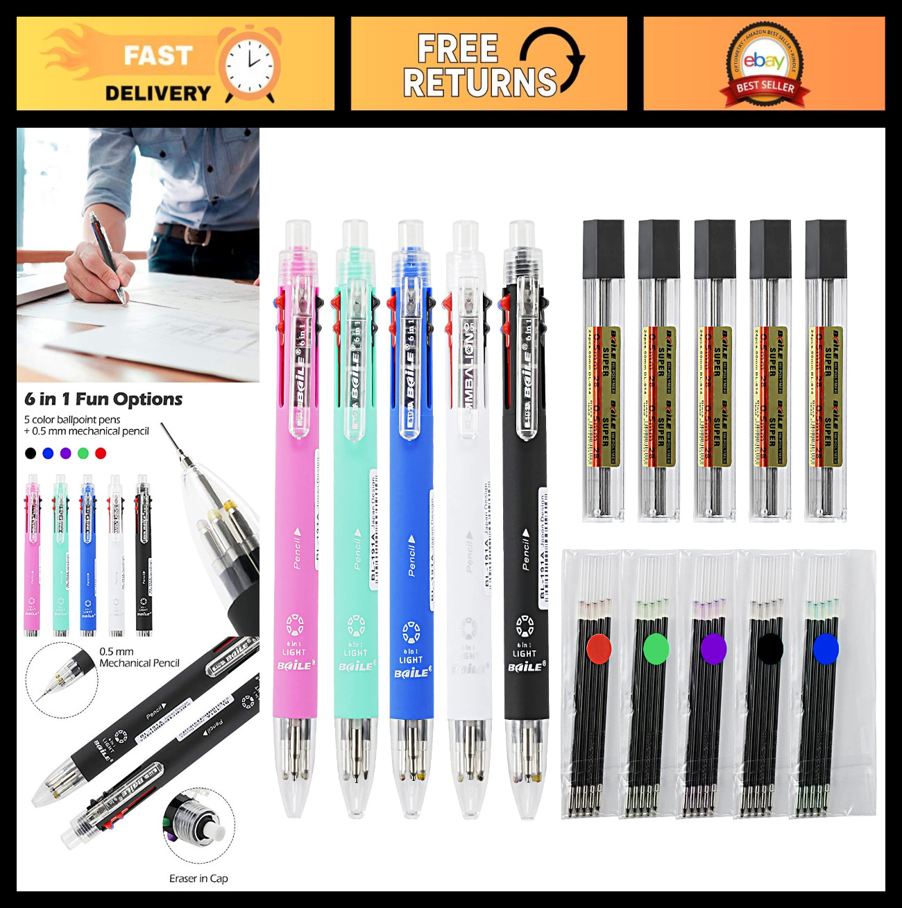6-in-1 Multifunction Pen Set – 0.7mm Ballpoint & 0.5mm Mechanical Pencil, 5 Colo