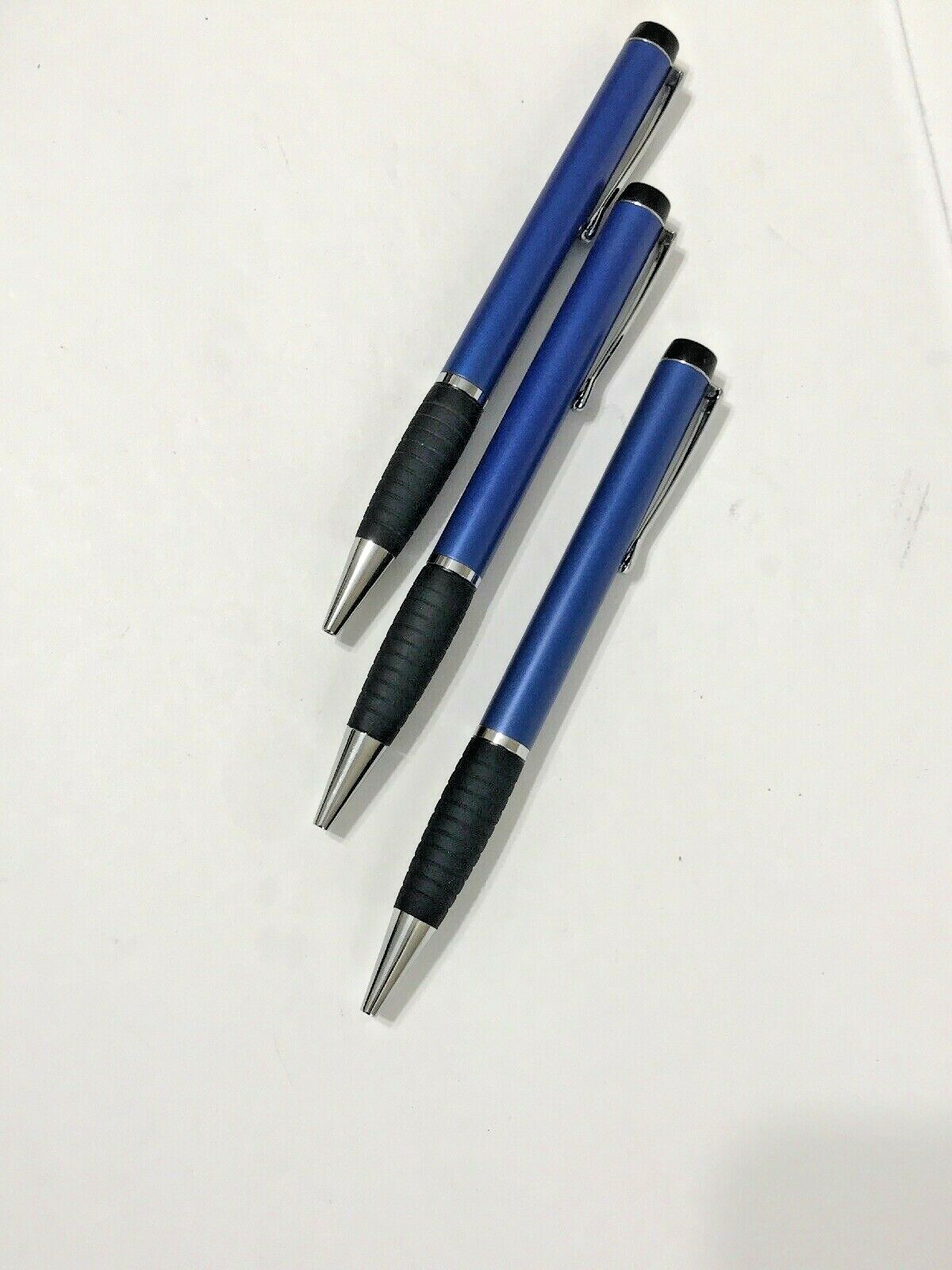 Three Metal Pharmaceutical Drug Rep Pen Pens Blue Black Twist and Write