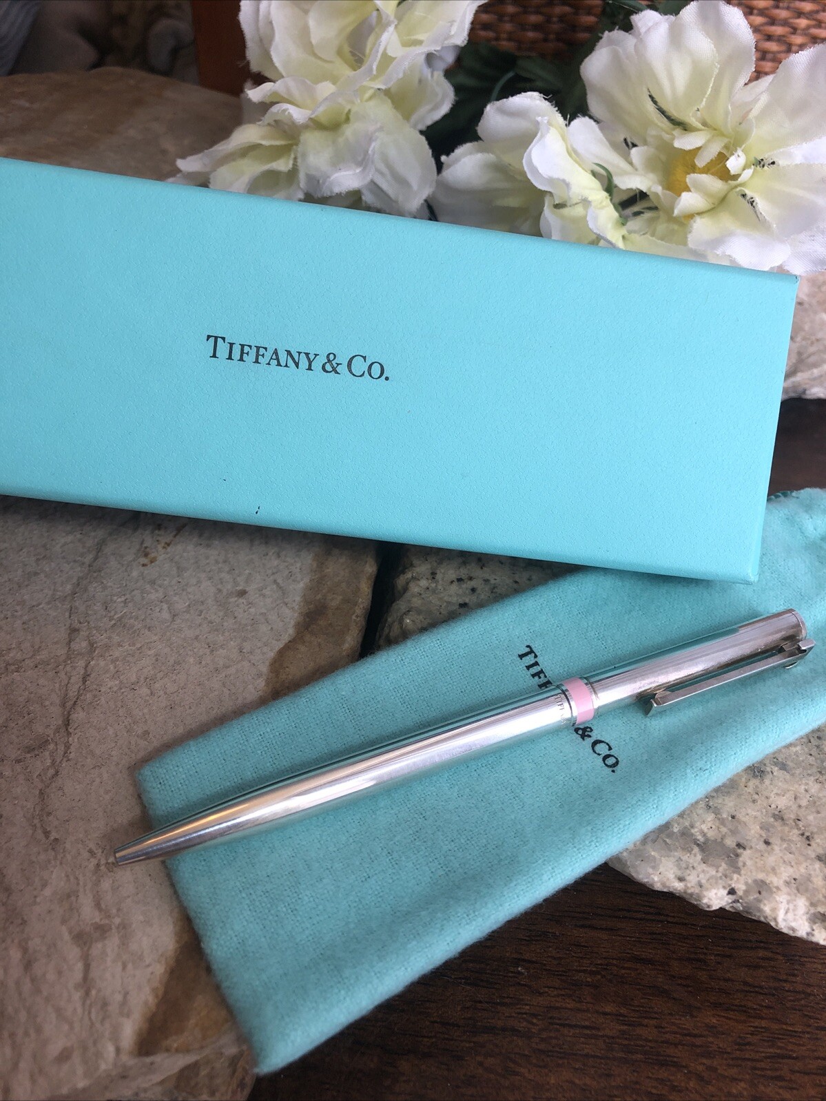 16. Vintage Tiffany &Co Germany 925 Sterling Pink Band T clip Ballpoint Pen