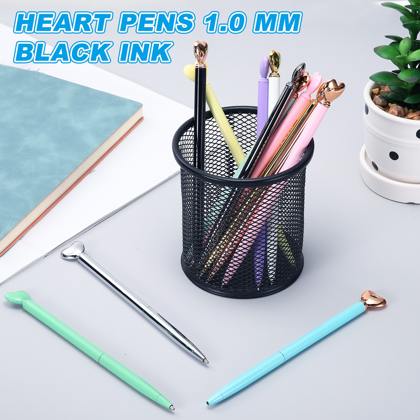 Heart Pens 1.0 mm Black Ink 24 Pcs, Electroplated Gold/Electroplated Silver