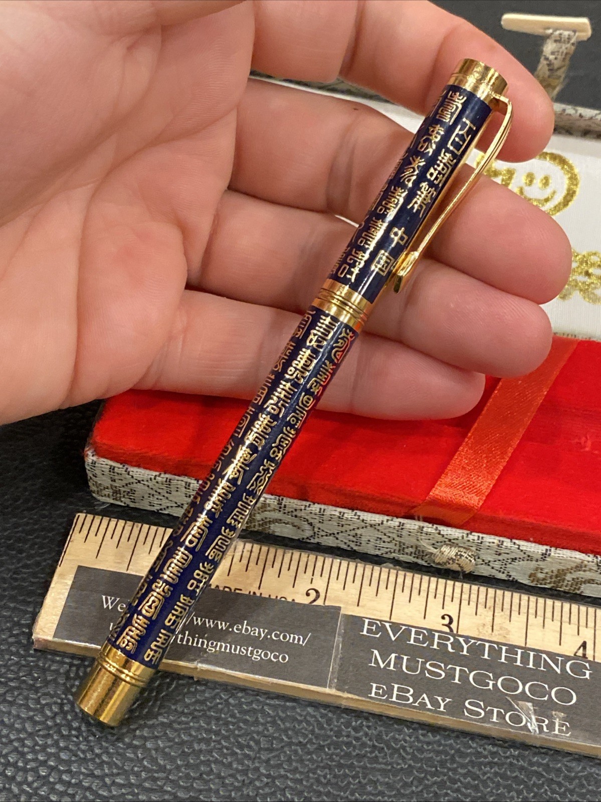 Vtg Chinese China Taraku Ballpoint Chinese Poem Lettering Gold Tone Pocket Clip