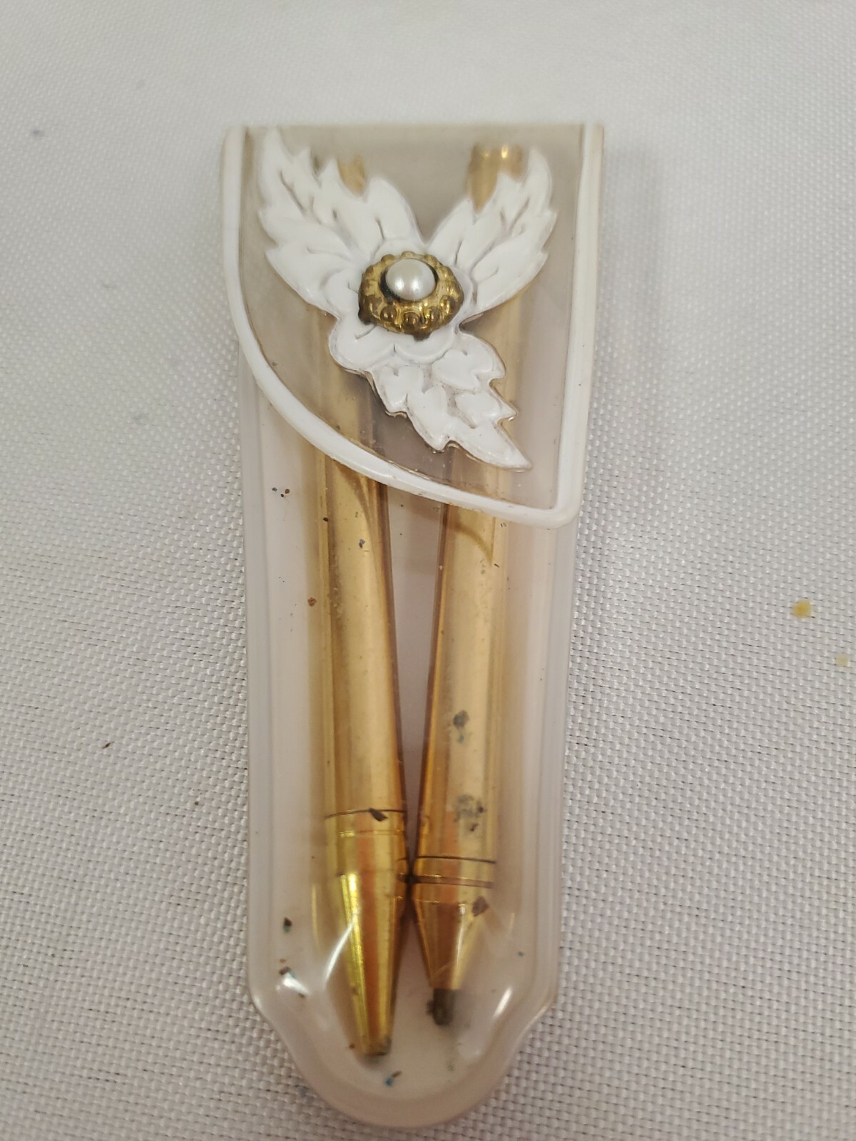 Vintage Brass Mini Pen & Pencil Set with PEARLS & EMBELLISHED CASE