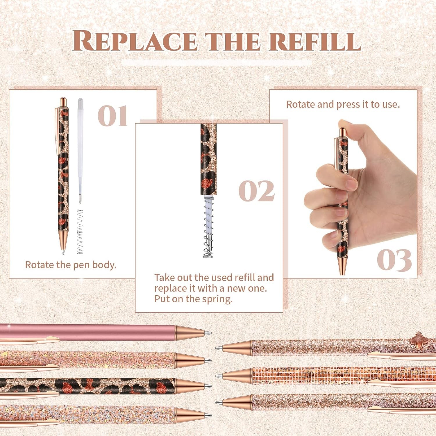 7 Pcs Fancy Pens for Women Cute Sparkly Glitter Pens with 10 Pcs Black Ink Refil