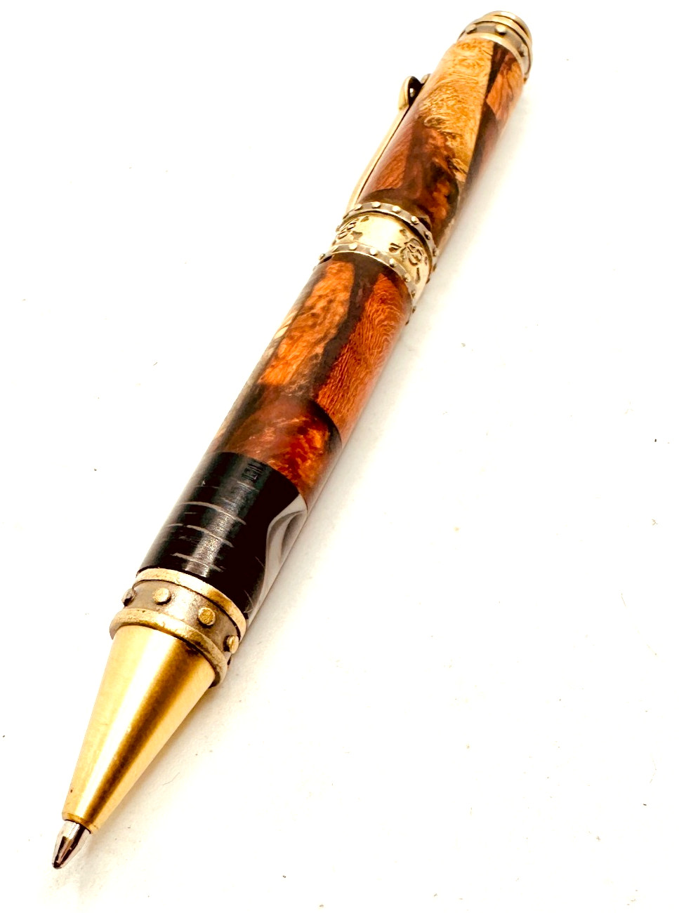 Hand Turned Ballpoint Twist Pen Pirate Gold Tone Unknown Wood