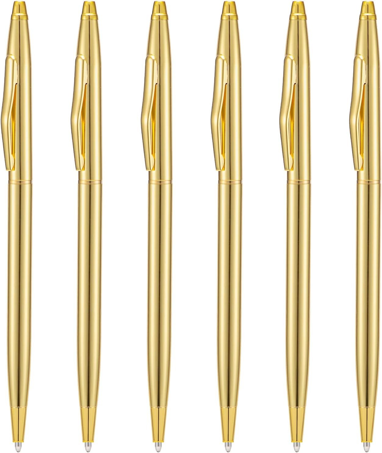 6 Pieces Golden Slim Metal Ballpoint Pen, 1Mm Medium Point Black Ink Smooth Writ