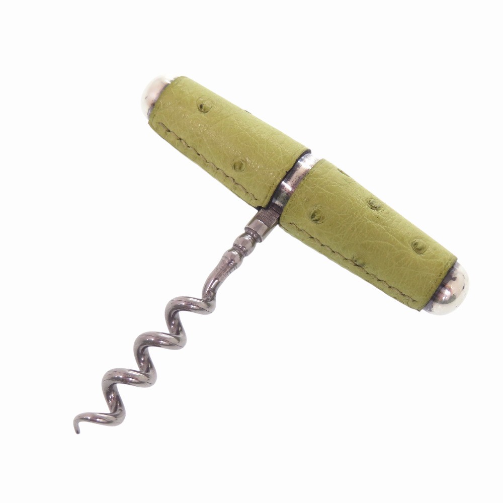 HERMES Green Ostrich Metal Wine Opener Corkscrew Unisex France