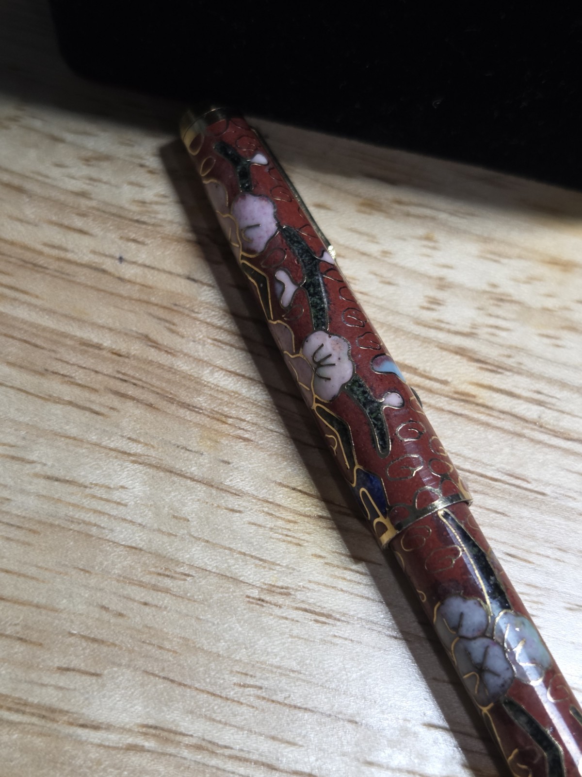 Vintage Late 20th Century Chinese Cloisonne’ Ballpoint Pen Original Brocade Box