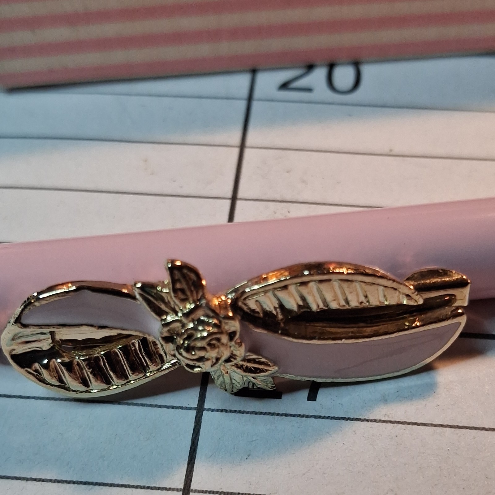 Avon Vintage Brass Refillable Ballpoint Pen Pink Enamel Gold Trim Blue Ink