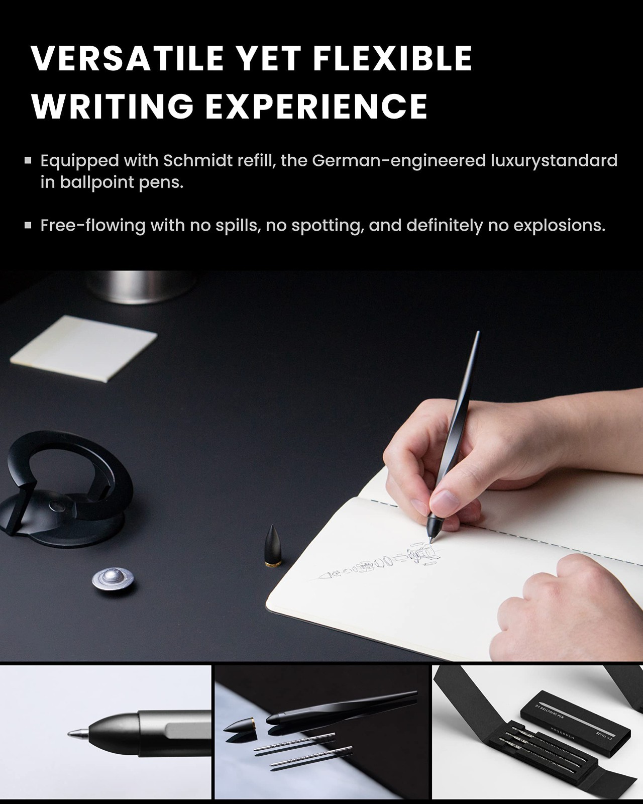 Space Black Hoverpen – 18K Gold-Plated Ballpoint, Schmidt Refill, No Spills, 23.