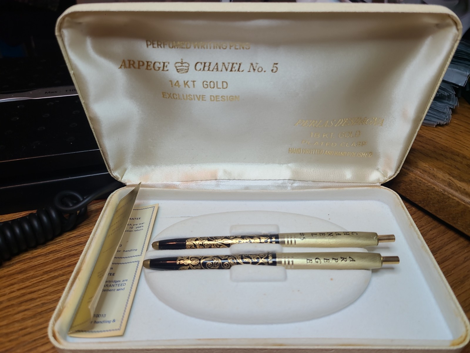 RARE 1950s 14 KT Gold Arpege Chanel No 5 Set of Perfumed Ballpoint Pens, Org Box