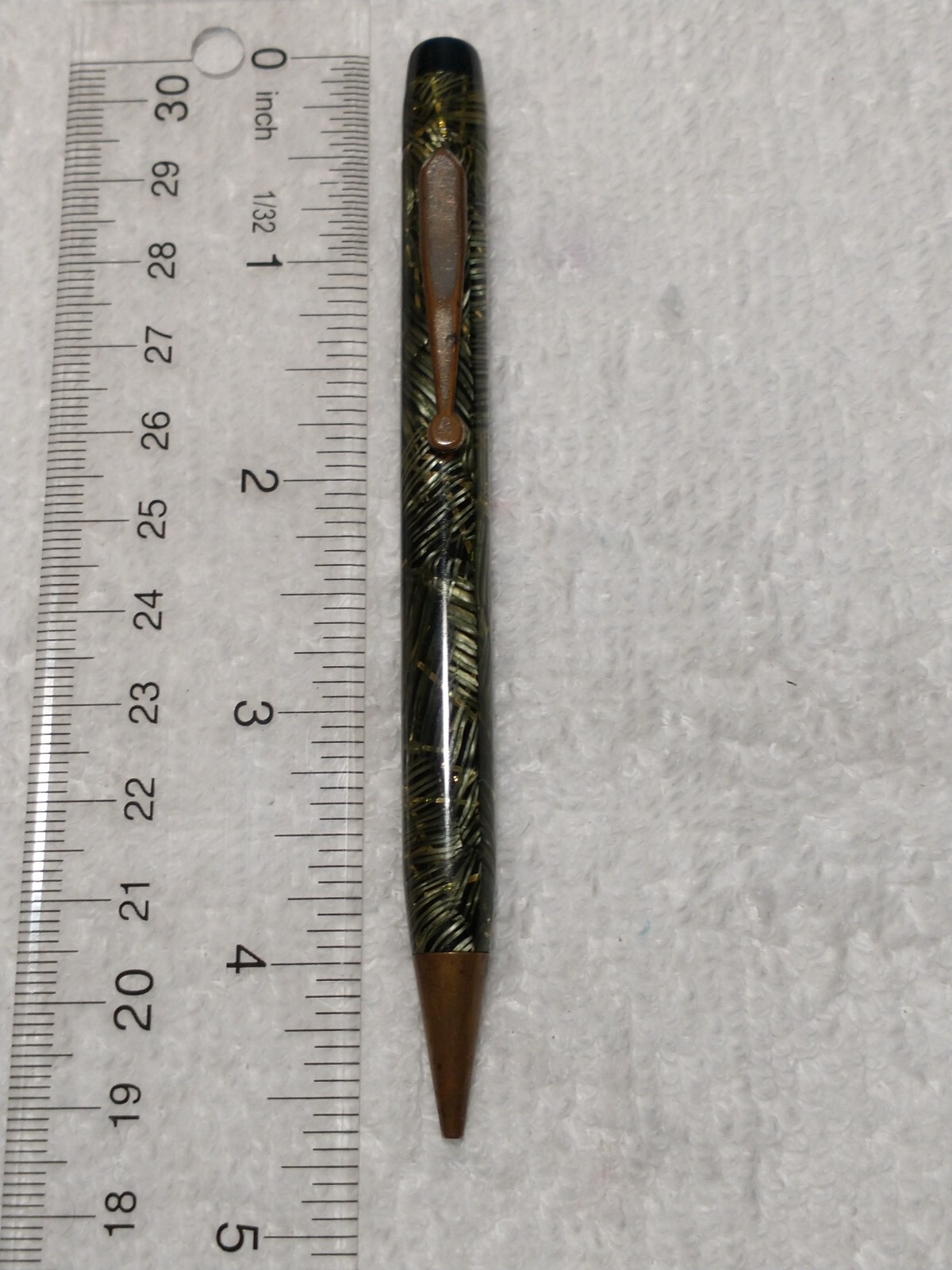 VINTAGE CELLULOID MECH PENCIL BLACK AND LIME GREEN OVER SILVER RIBBONS ANTIQUE