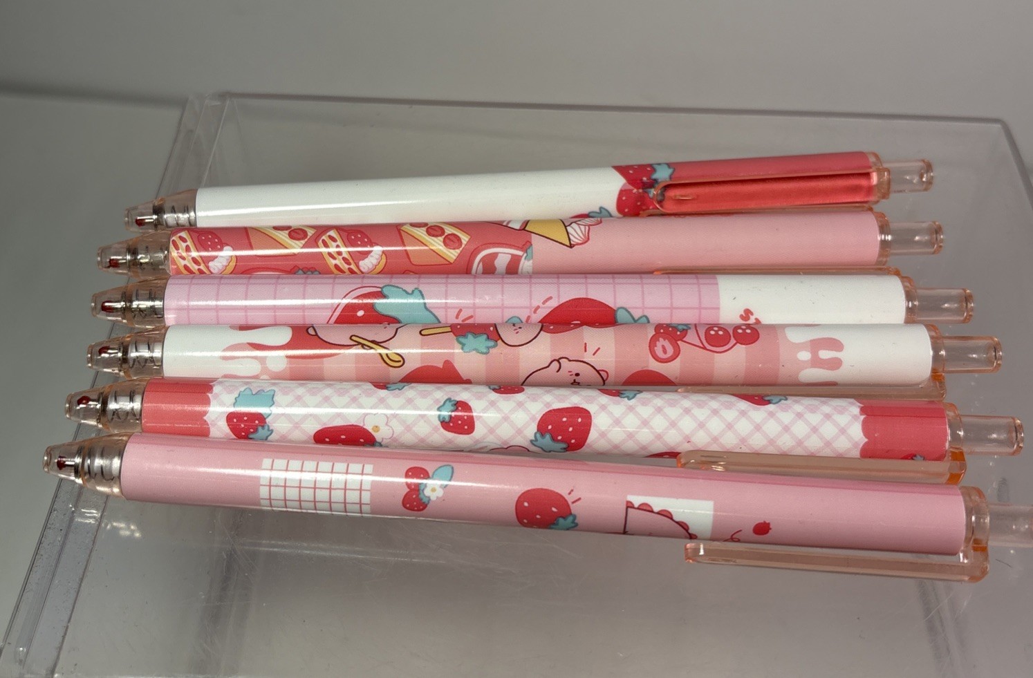 Strawberry Dinosaur – 6 Count Black Gel Pens – Pink & White