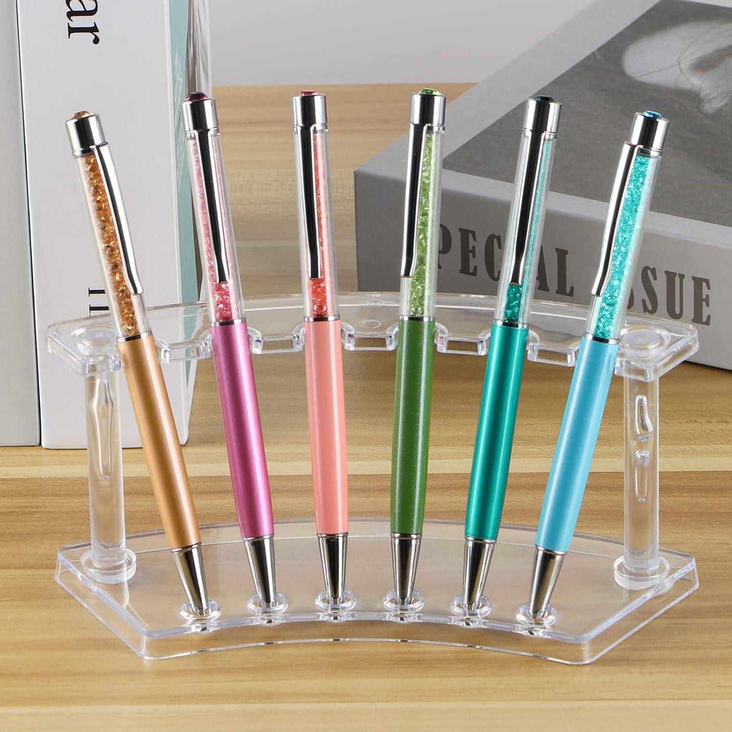 6 Pcs Pen Display Stand, 6 Slots Plastic Pen Holder, Clear Pen Display Rack for