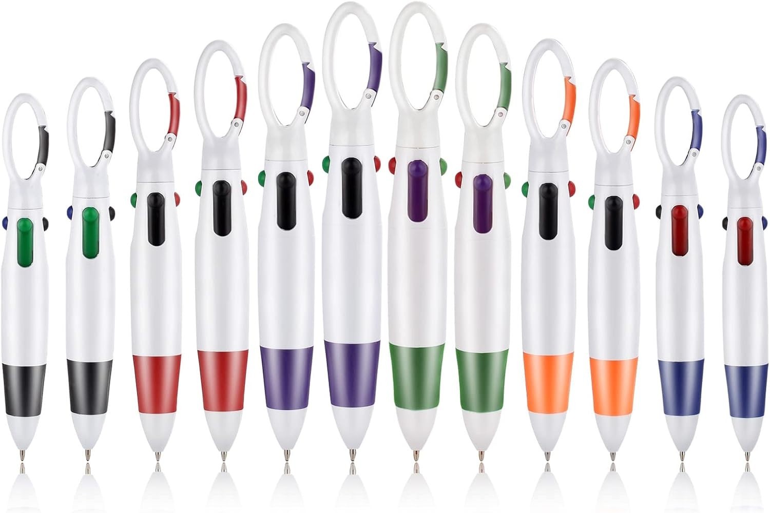 12 Count Retractable 4-in-1 Multicolor Ballpoint Pens with Carabiner Clip