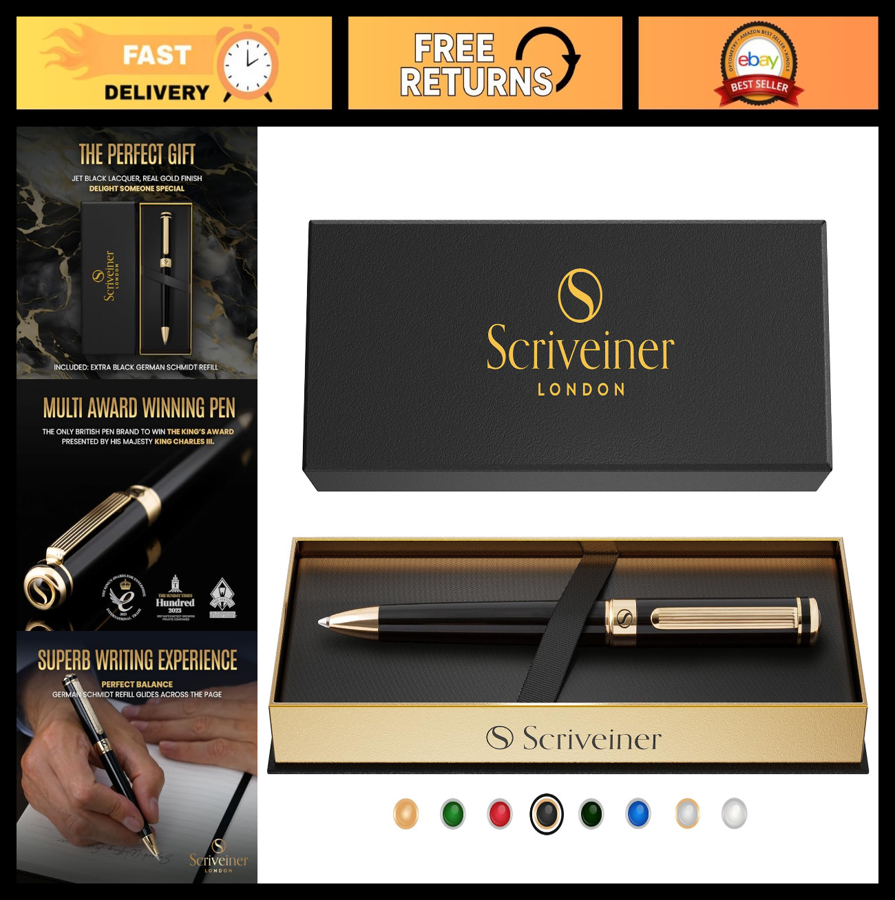 Luxury Black Lacquer Ballpoint Pen, Real Gold Plating, Schmidt Refill, Gift for