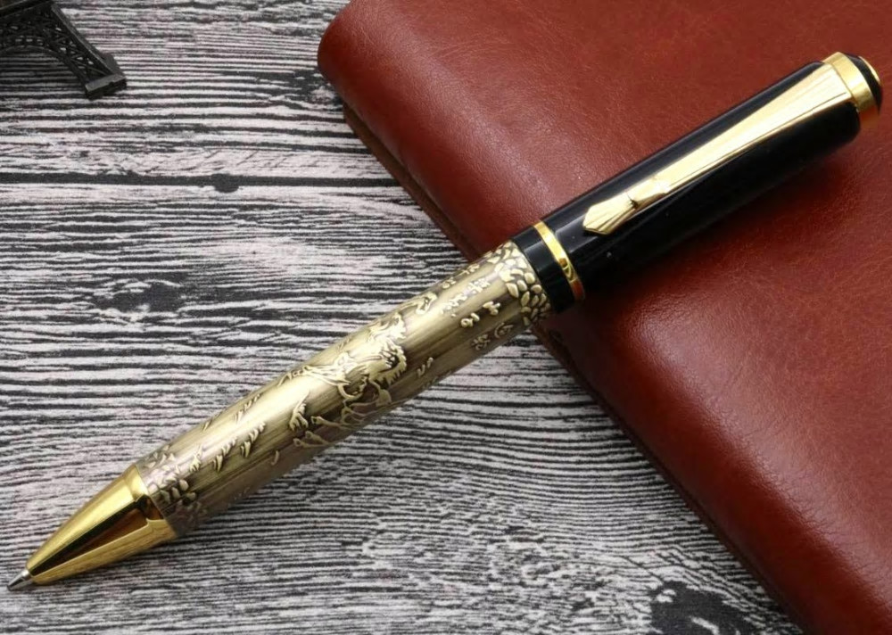 Baoer 507 Eight Horses Metal Ballpoint Pen, Bronze with Gold Trim, Black Ink