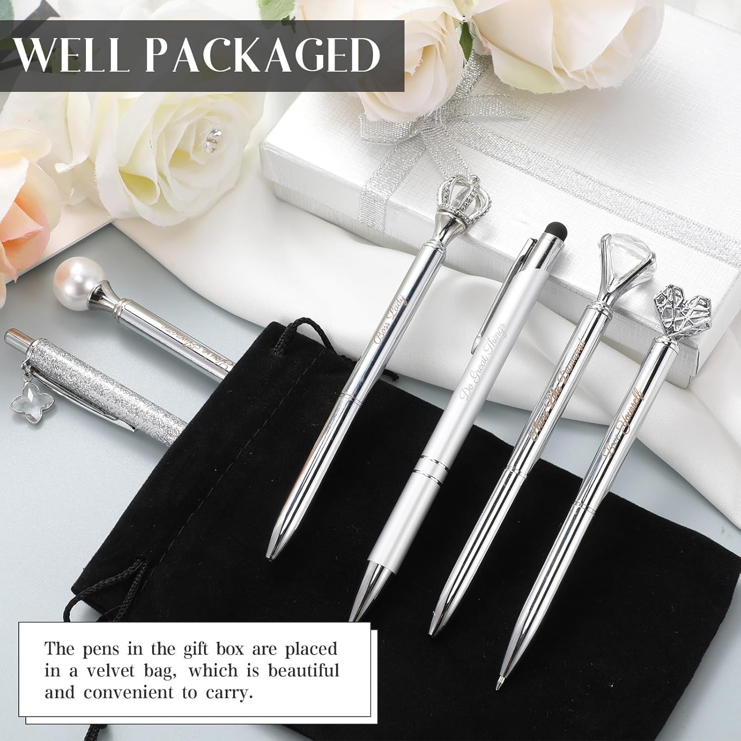 6 Pcs Crystal Diamond Ballpoint Pens for Women Girls Journaling Gifts Silver