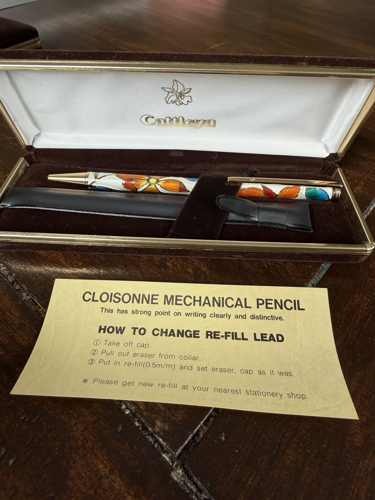 Vintage Cloisonne Enamel Ballpoint Pen Cattleya Floral Gift Set NOS