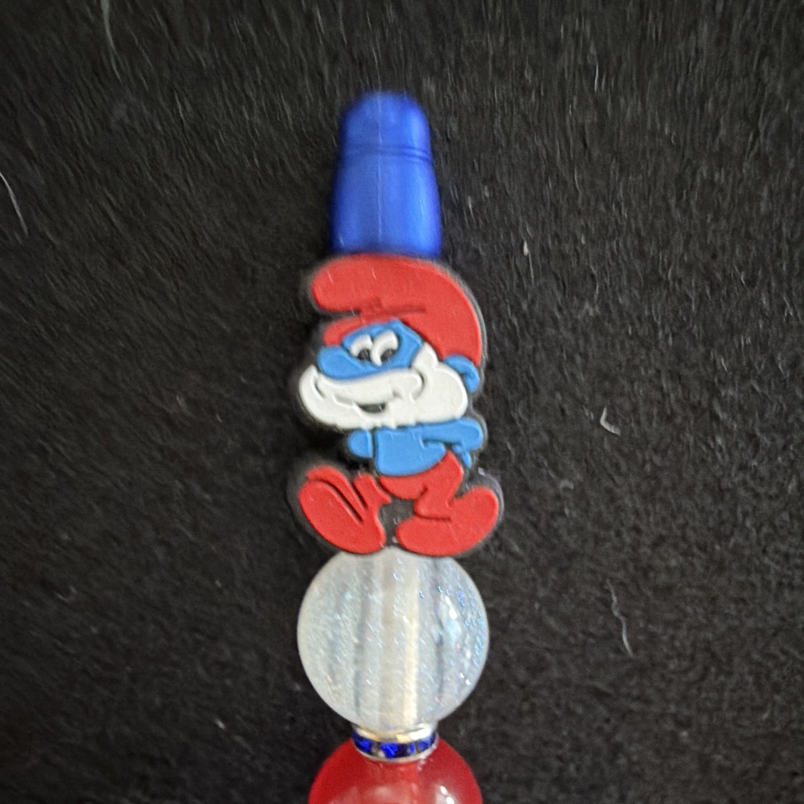Blue Plastic Novelty Ballpoint Pen w/ papa Smurf Character Bead, Black Ink