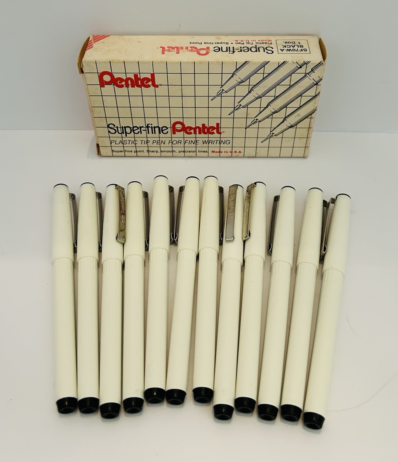 Vintage ~ SET OF 12 ~ PENTEL Super Fine Plastic Point Pens ~ BLACK ~ SF70W-A