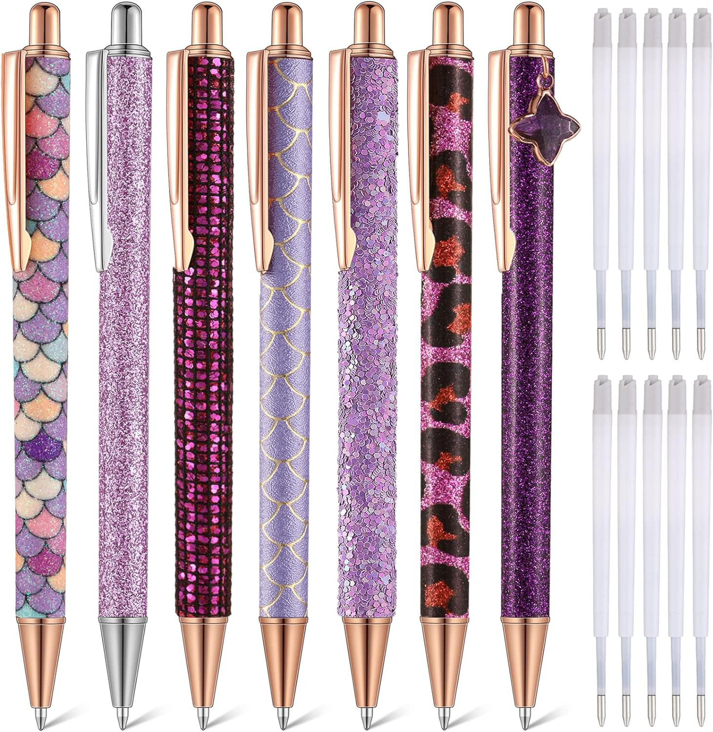 7 Pcs Fancy Pens for Women Cute Pens Glitter Pens – 10 Pcs Black Ink Refills
