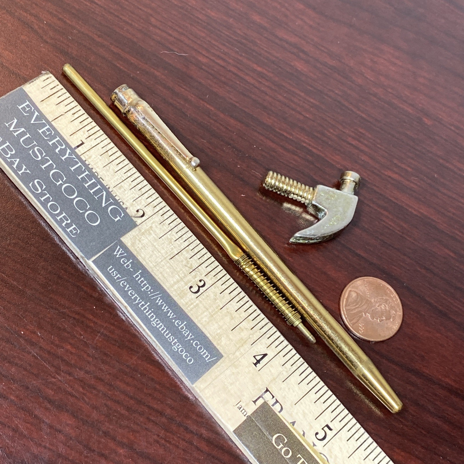 Vtg GOLD TOLD Brass Mini Carpenter HAMMER BALL POINT PEN POCKET CLIP USA Novelty