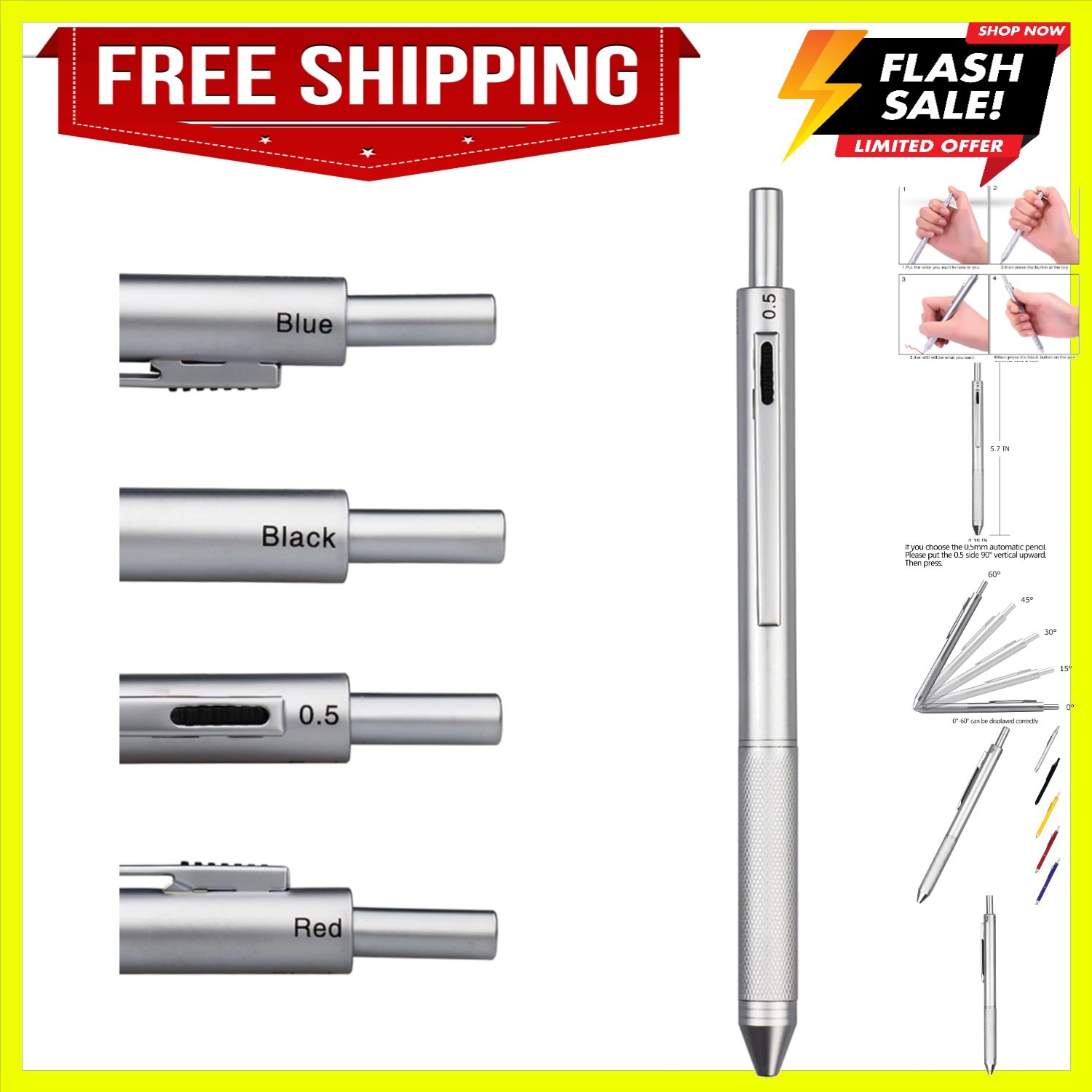 4 in 1 Multicolor Pen, Metal Cased Multifunction Ballpoint Pen, 0.5mm Mechani…