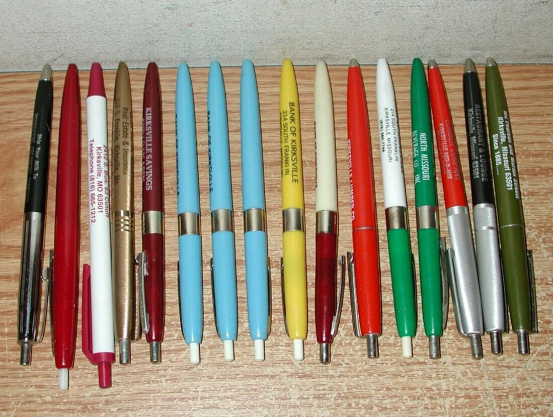 LOT OF 16 VINTAGE KIRKSVILLE, MISSOURI ADVERTISEMENT BALLPOINT PENS, SEE LIST