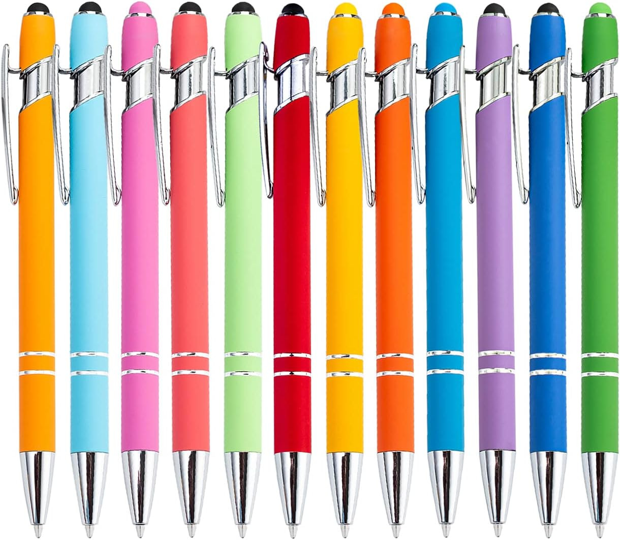 PASISIBICK 12 Pieces Rainbow Rubberized Soft Touch Ballpoint Pen with Stylus Tip