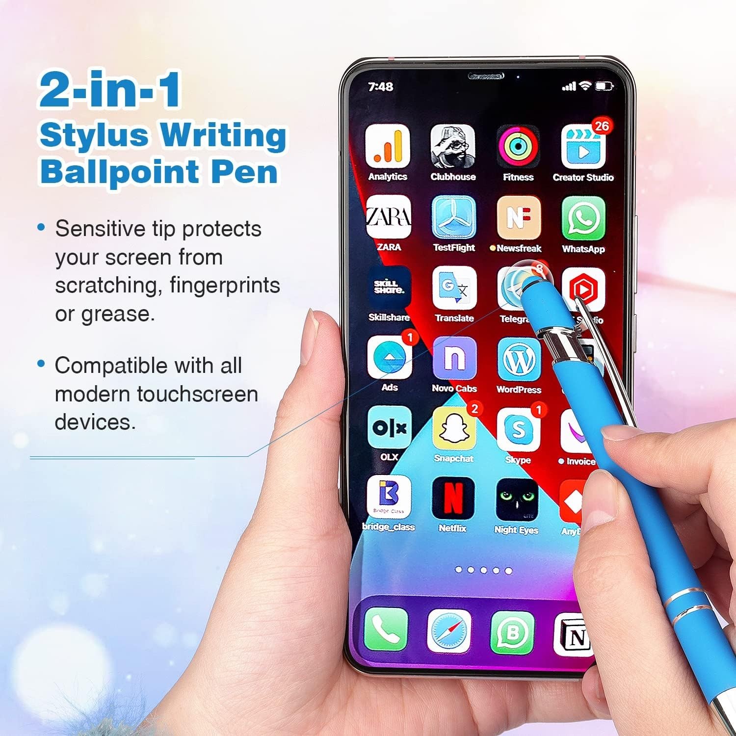 8 Pack Ballpoint Pen 2-in-1 Stylus, 1.0 mm Black Ink | Retractable Ballpoint Pen