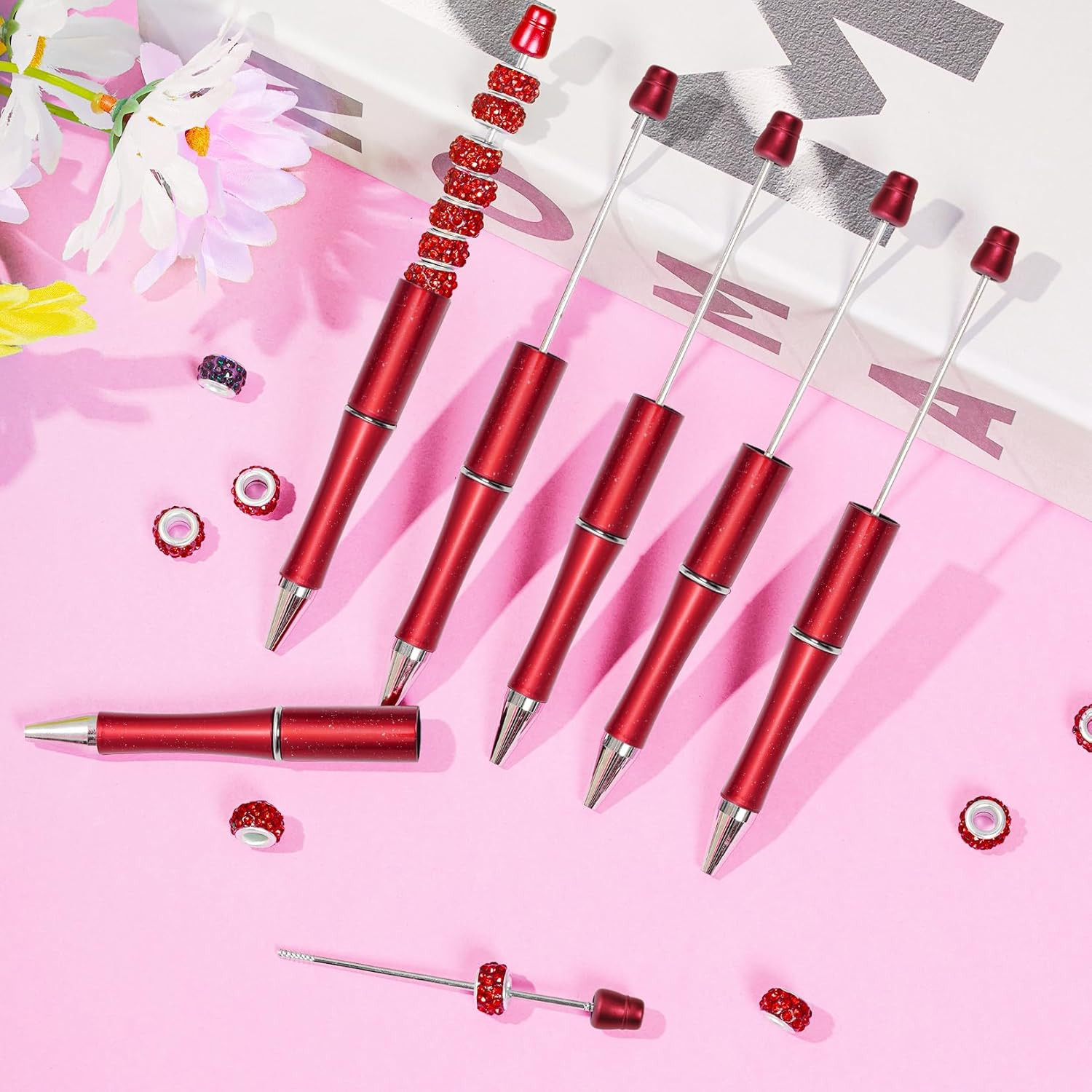 20Pcs Red Beadable Pens Plastic Bead Ballpoint Pens Bulk with 50Pcs Black Cute C