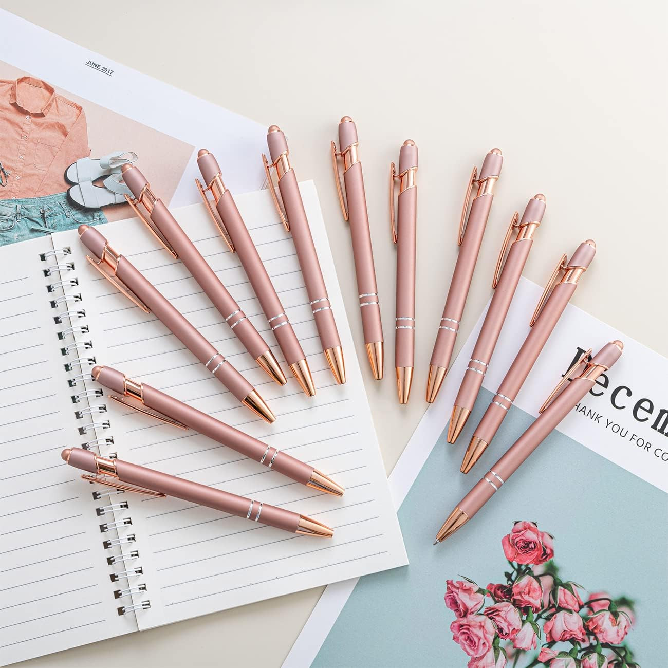 PASISIBICK 12 Pieces Rose Gold Ballpoint Pen with Stylus Tip 2 in 1 Stylish Met