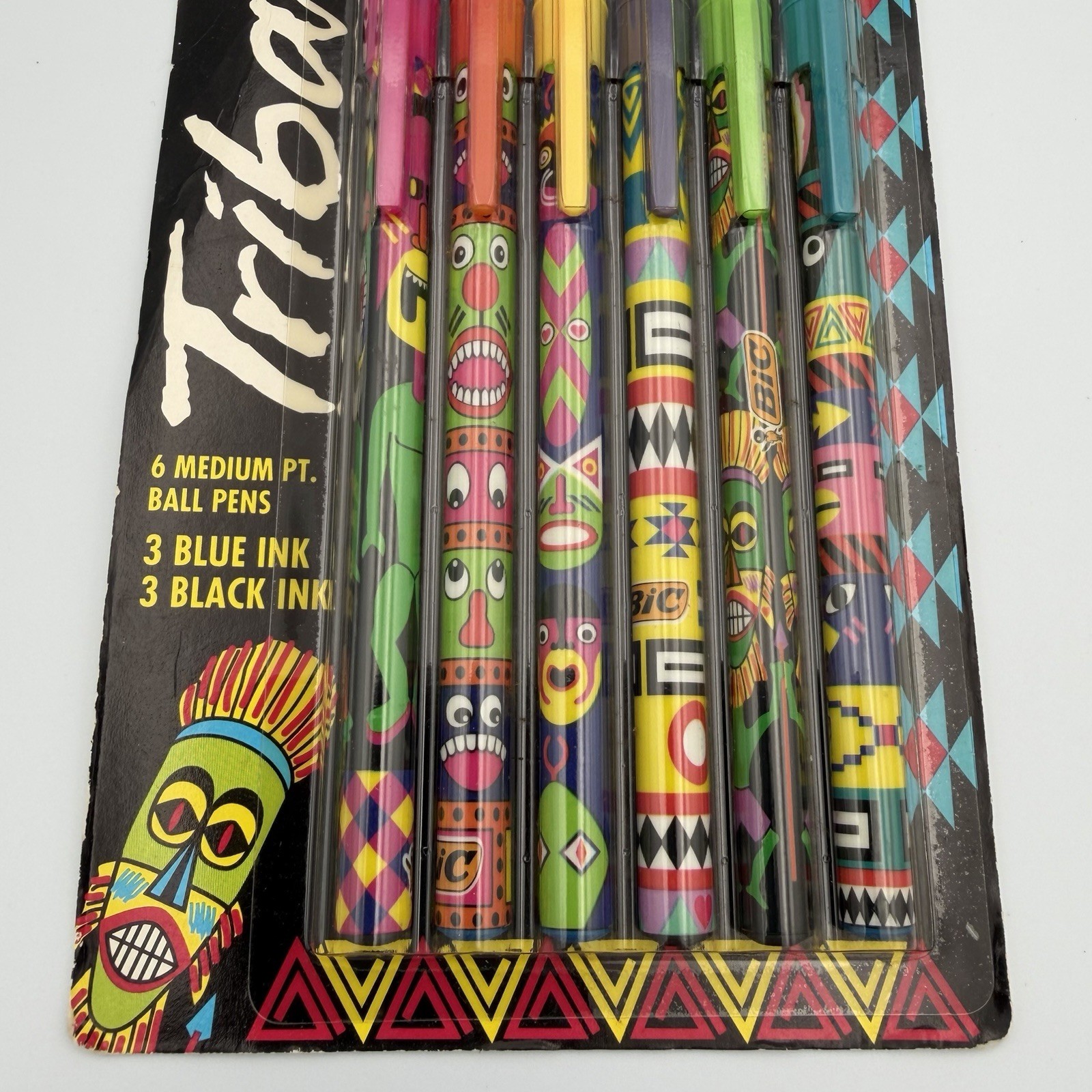 Bic TRIBALS Wavelengths 1992 Ball Medium Point Pens 6 – 3 Black / 3 Blue NOS