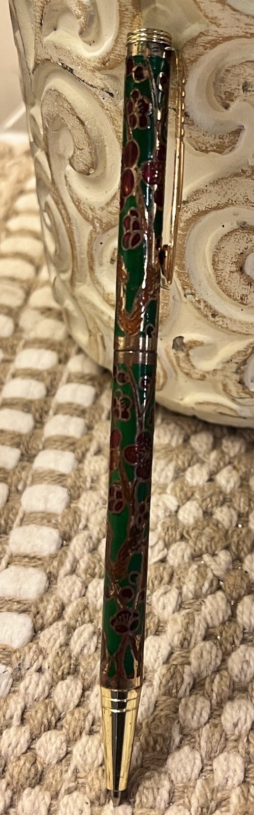 Vintage Cloisonné Enamel Ballpoint Pen Brass Tone Floral Multicolor Decorative