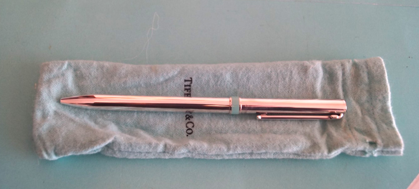 Tiffany & Co Sterling Silver Blue Enamel Stripe T Clip Black Ink Pen w/ pouch