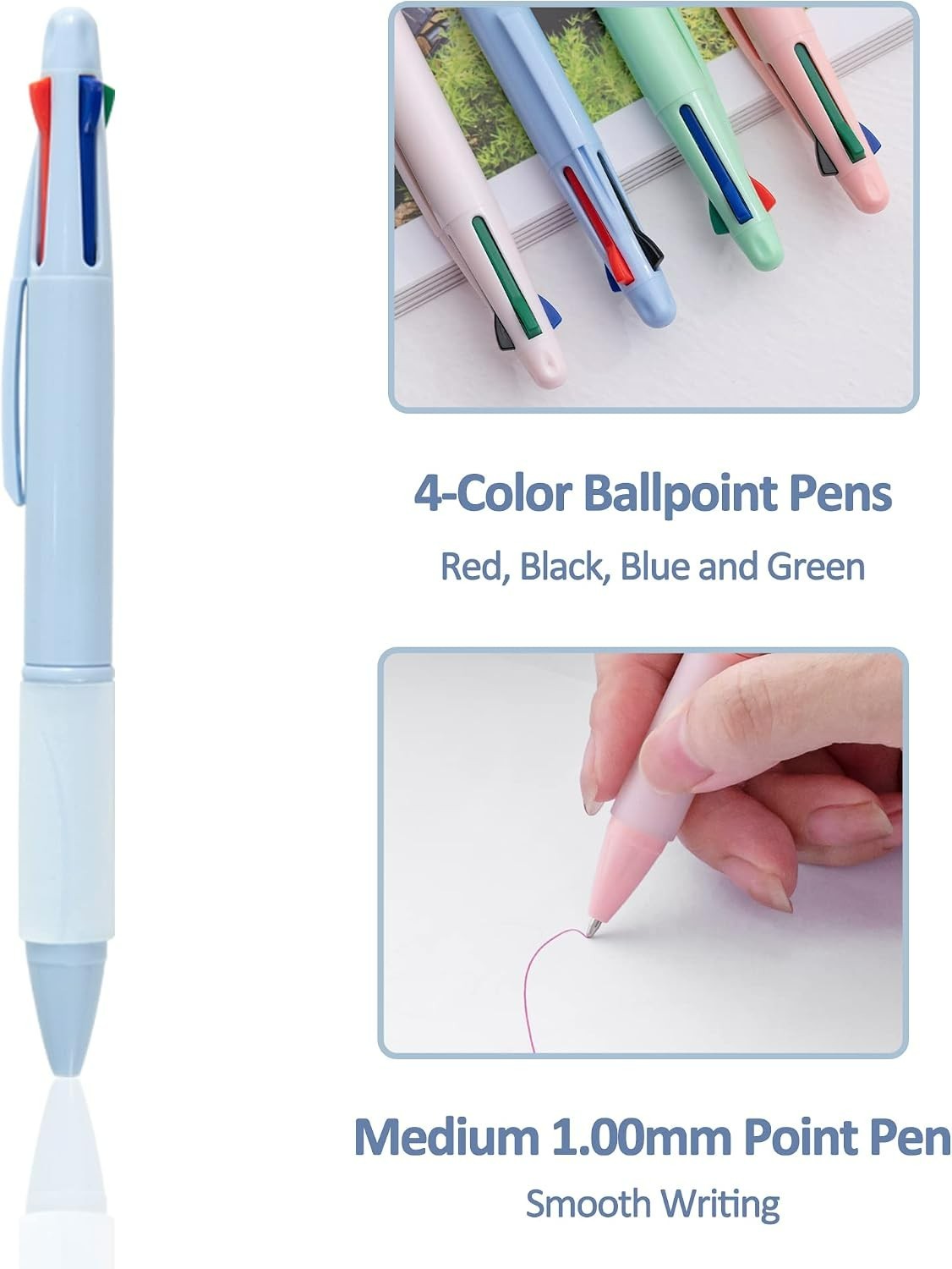 Assorted Color 4-in-1 Refillable Pens – Soft Grip, 1.0mm Medium Point, 8 Count