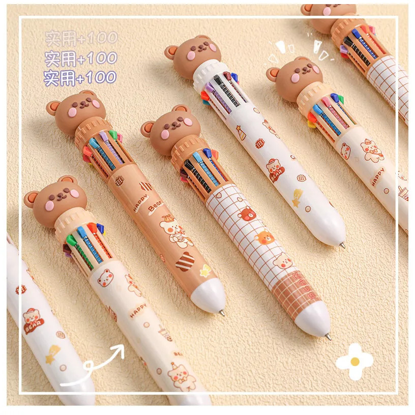1/5/10Pcs 10 Color Kawaii Teddy Bear Cartoon Press Pen Multi-Color Color Pen Stu