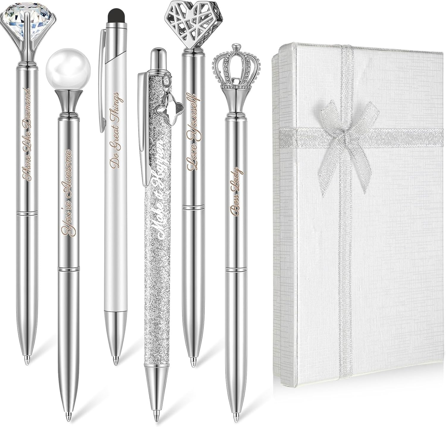 6 Pcs Crystal Diamond Ballpoint Pens for Women Girls Journaling Gifts Silver