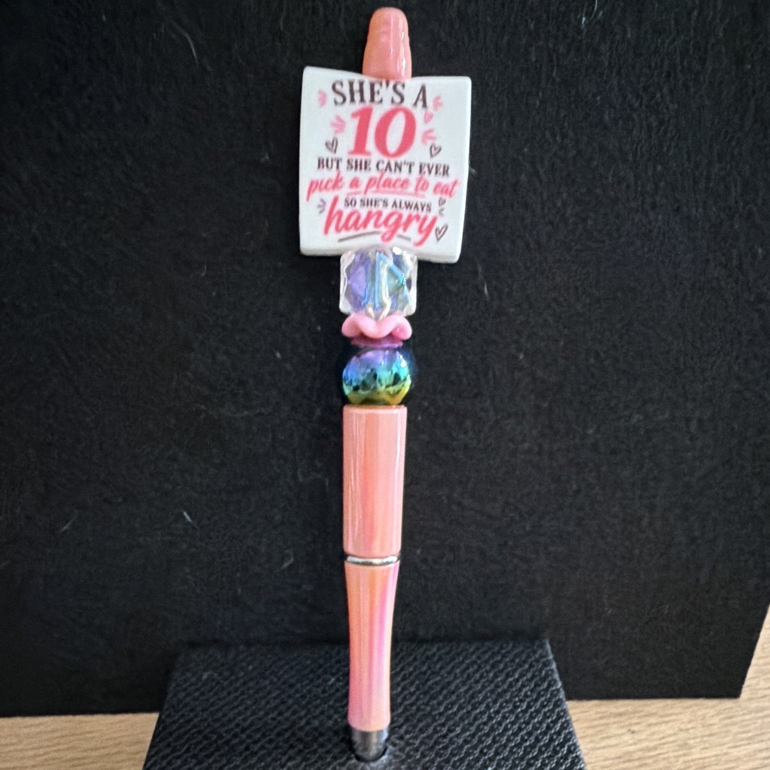 Pink Plastic Novelty Ballpoint Pen w/ Beads & “She’s a 10” Charm, Black Ink