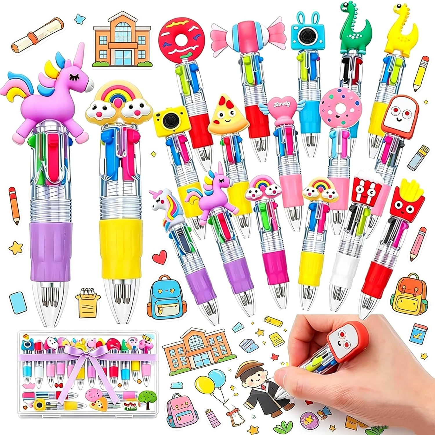 16 Pcs Fun Pens for Kids, Prizes for Kids Classroom | 4-In-1 Cute Pen Bulk, Stud