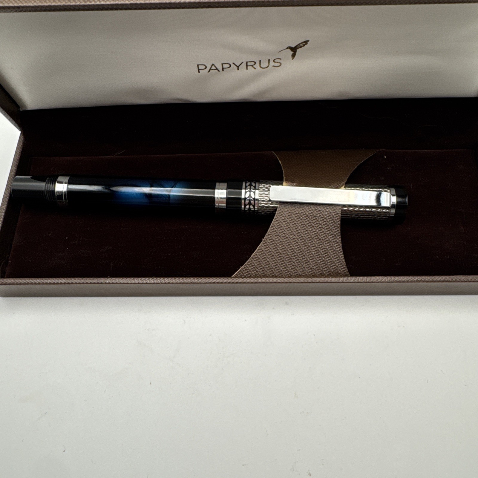 Vtg PAPYRUS BALL POINT PEN Gorgeous Blue/Black Marble Swirl Silver *needs repair